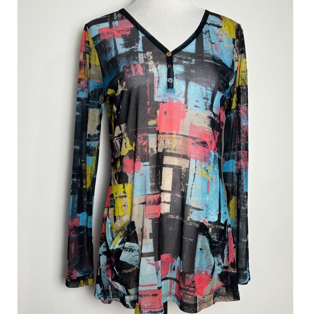 Lynn Ritchie Silver Womens Sheer Tunic Top S Abstract Mesh Eclectic Art Layering